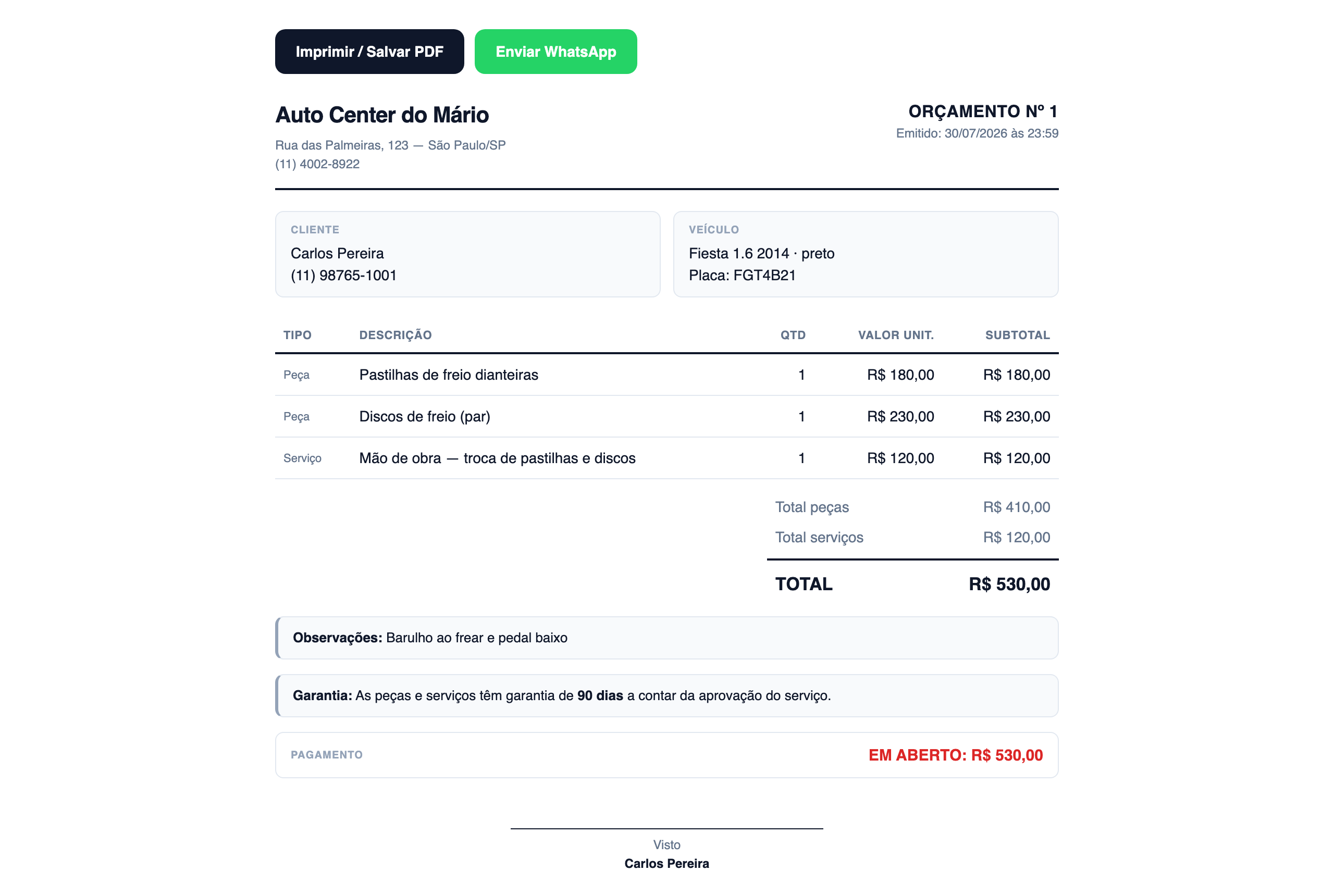 Orçamento em PDF gerado pelo sistema, com os dados da oficina, itens de peças e serviços, total e botão de enviar pelo WhatsApp